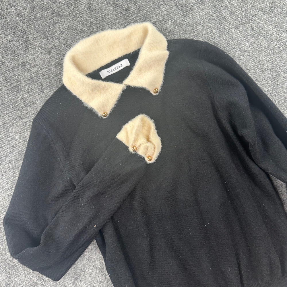 Minagram Dholic Sweater OS Black Faux Fur Collar Gold Button Mens